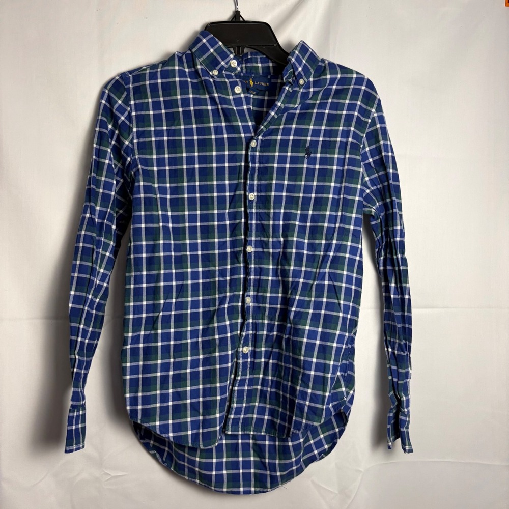 Polo Ralph Lauren Boys Blue Green Plaid Button Down Shirt Size L 14-16